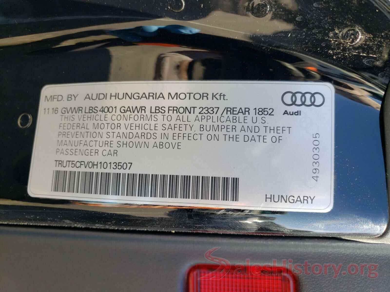 TRUT5CFV0H1013507 2017 AUDI TT