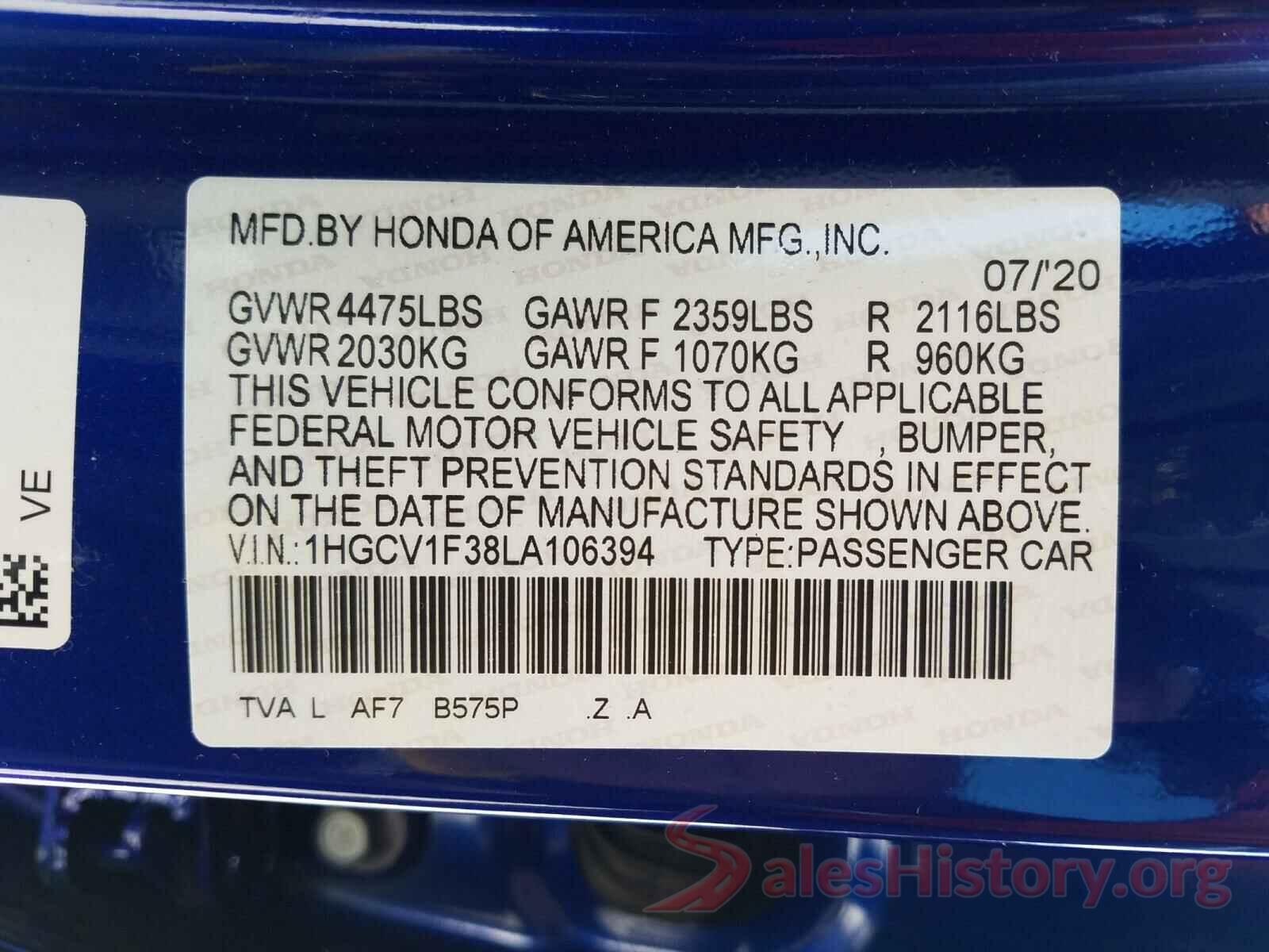 1HGCV1F38LA106394 2020 HONDA ACCORD