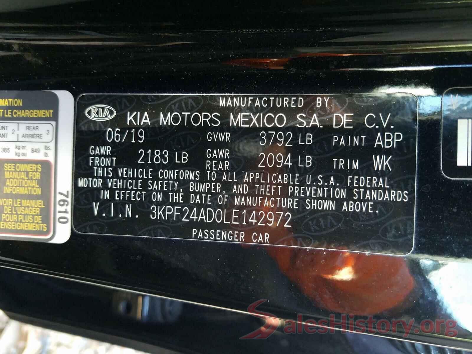 3KPF24AD0LE142972 2020 KIA FORTE