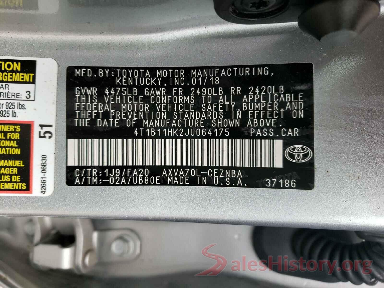 4T1B11HK2JU064175 2018 TOYOTA CAMRY