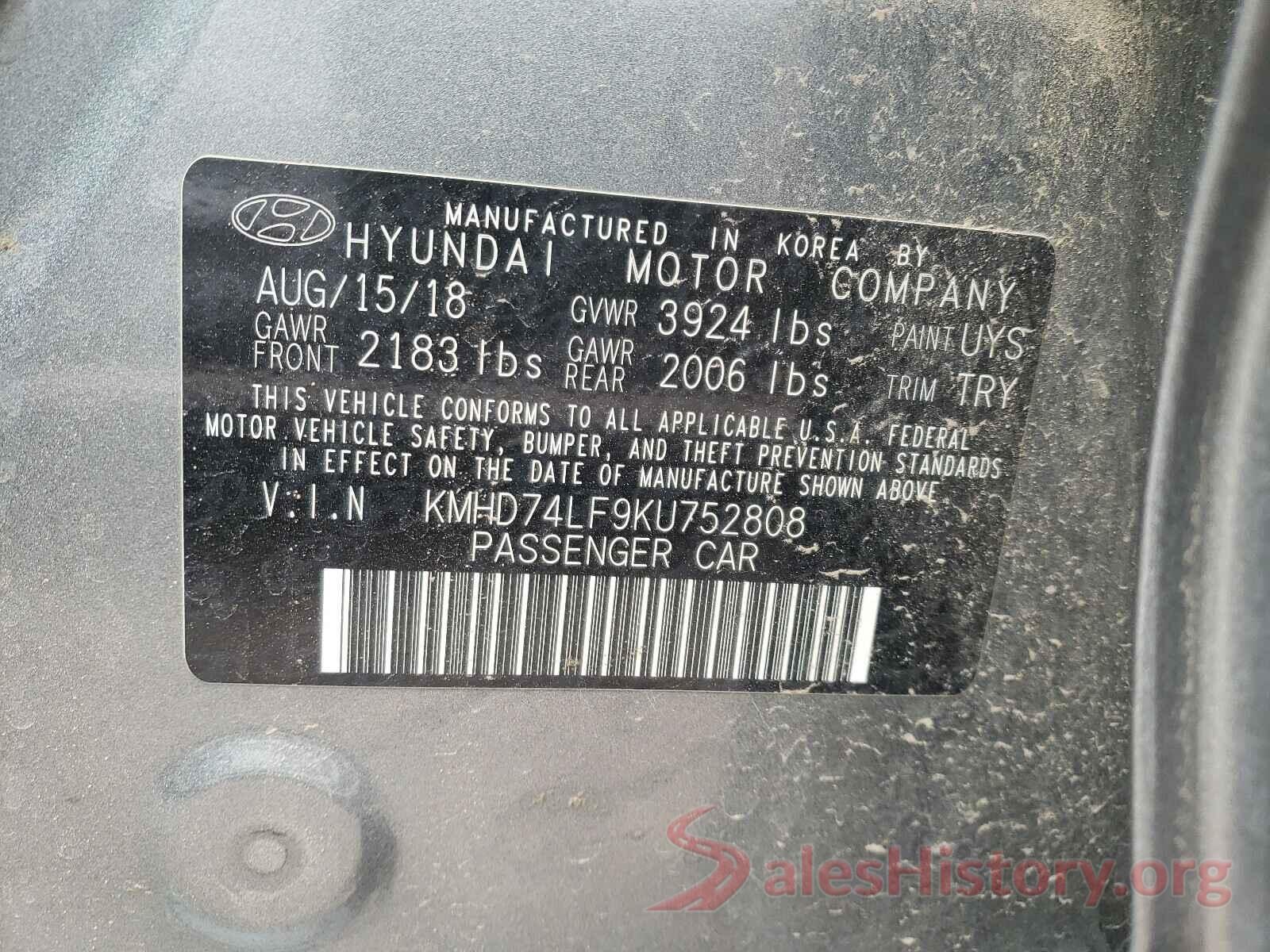 KMHD74LF9KU752808 2019 HYUNDAI ELANTRA