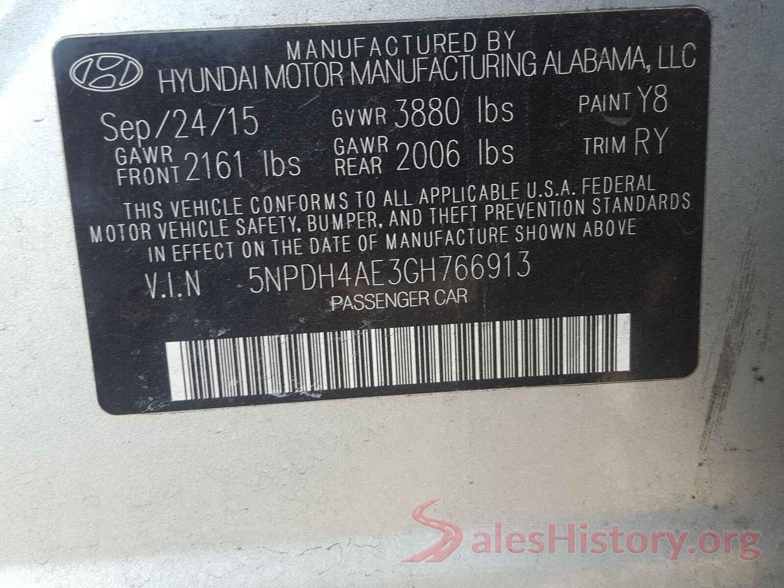 5NPDH4AE3GH766913 2016 HYUNDAI ELANTRA