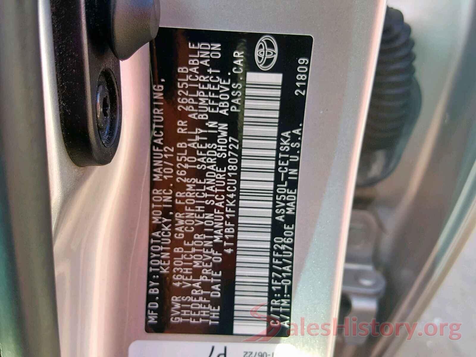 4T1BF1FK4CU180727 2012 TOYOTA CAMRY BASE