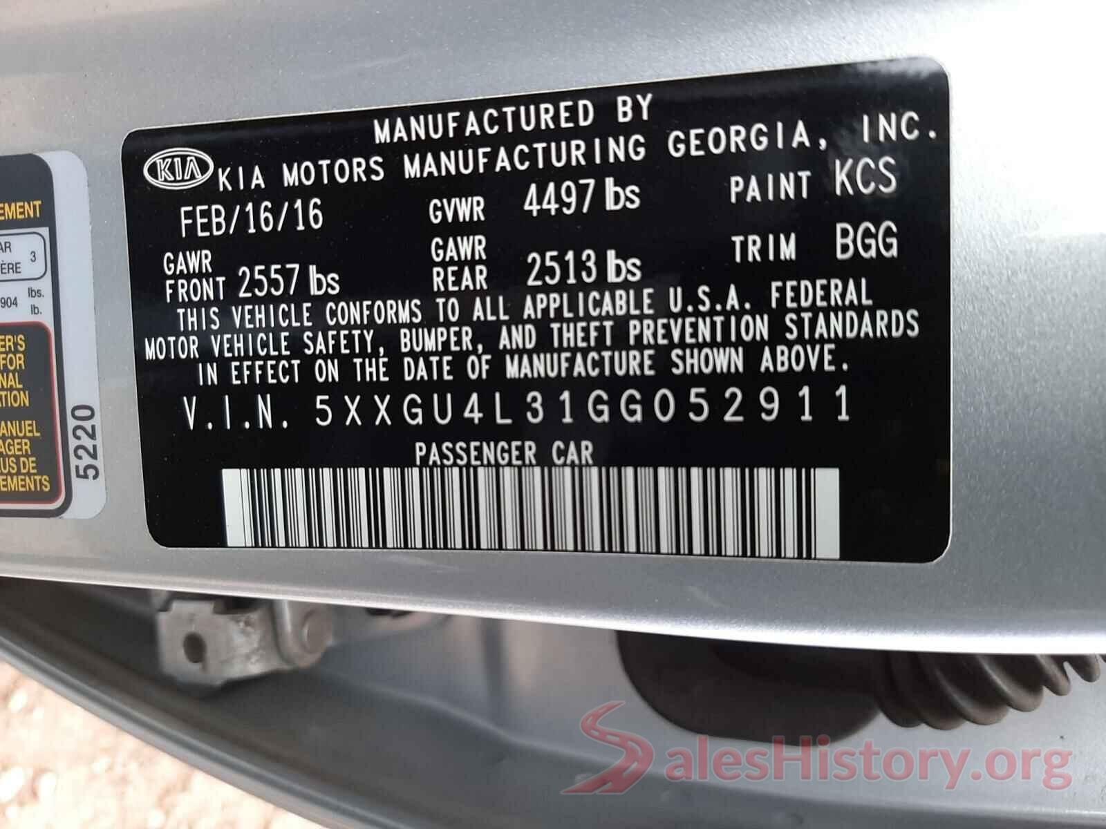 5XXGU4L31GG052911 2016 KIA OPTIMA