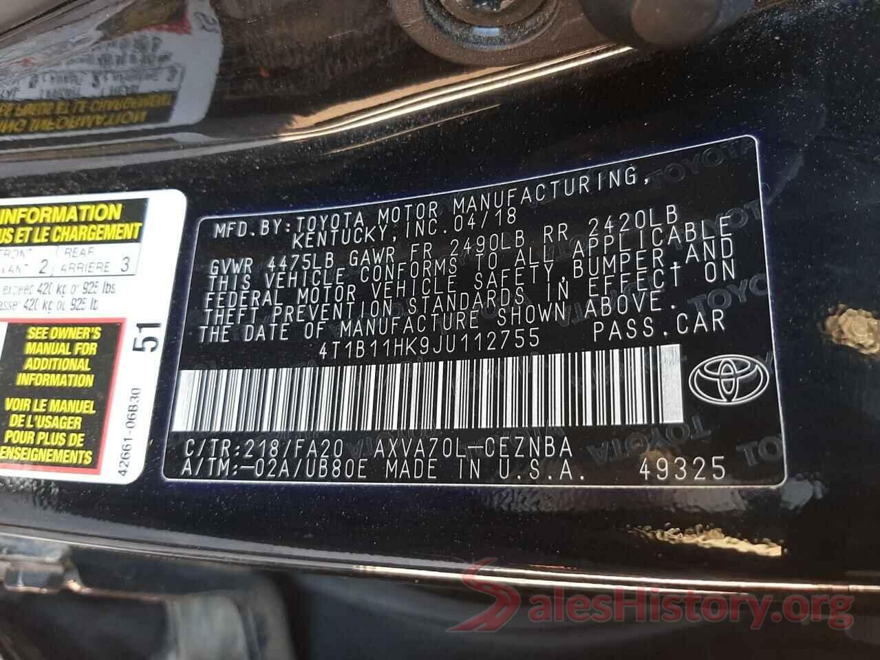 4T1B11HK9JU112755 2018 TOYOTA CAMRY