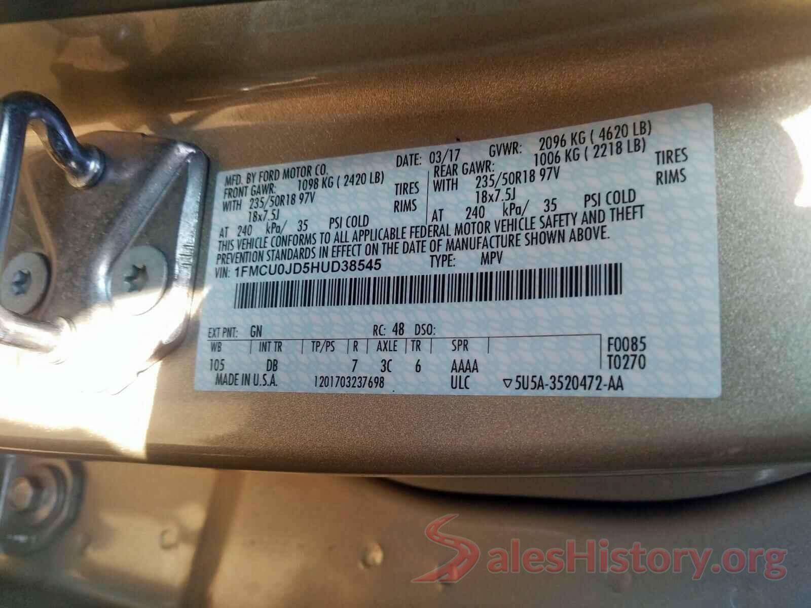 5XYRK4LF0MG043861 2017 FORD ESCAPE