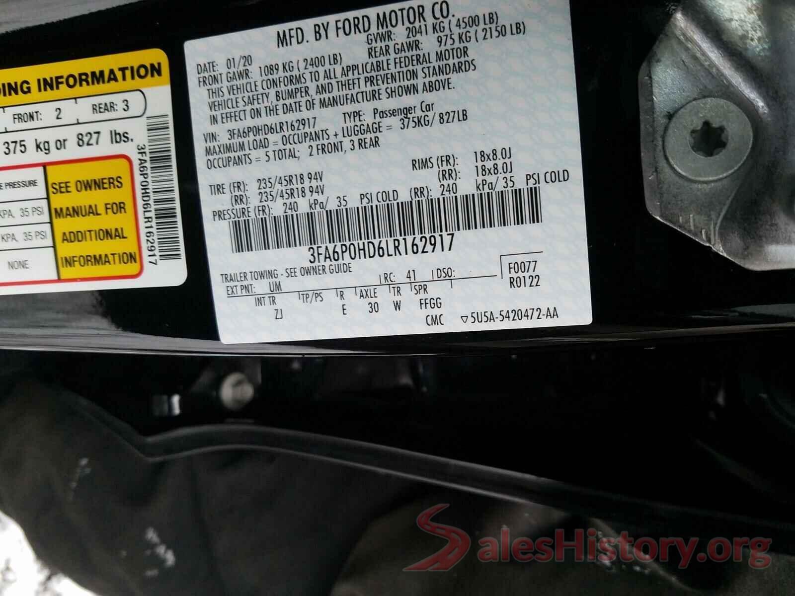 3FA6P0HD6LR162917 2020 FORD FUSION