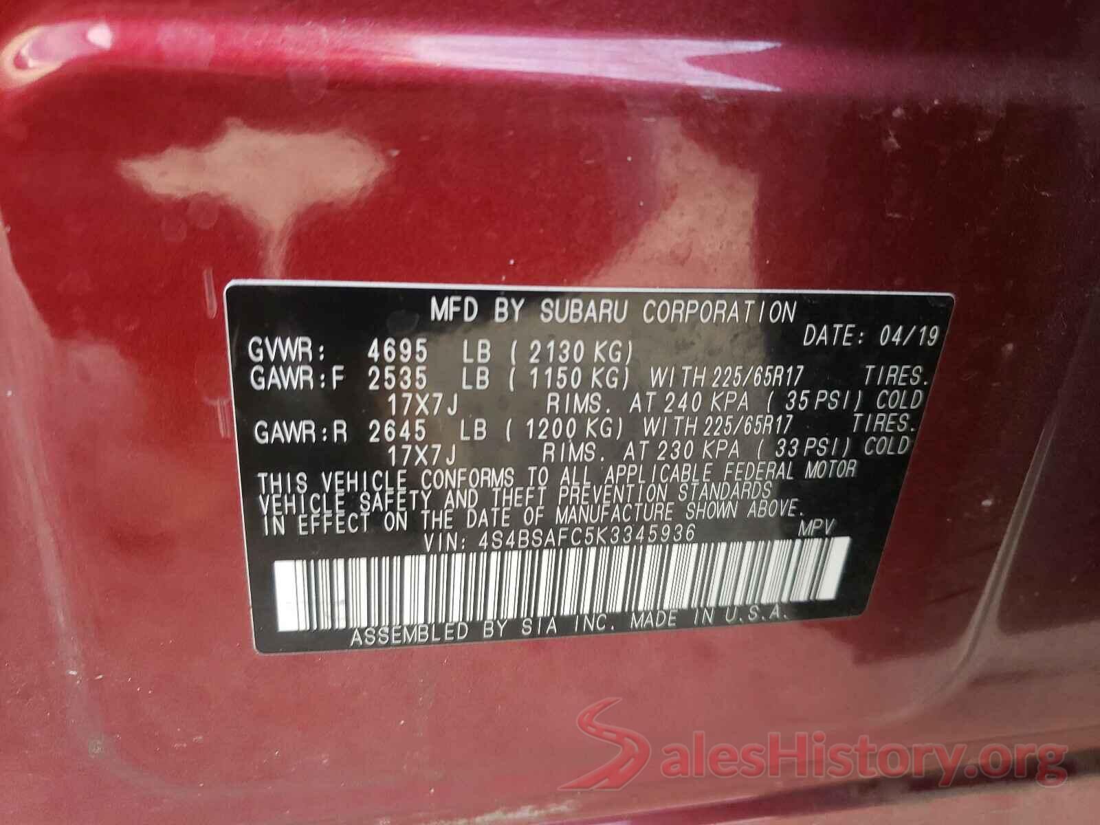 4S4BSAFC5K3345936 2019 SUBARU OUTBACK