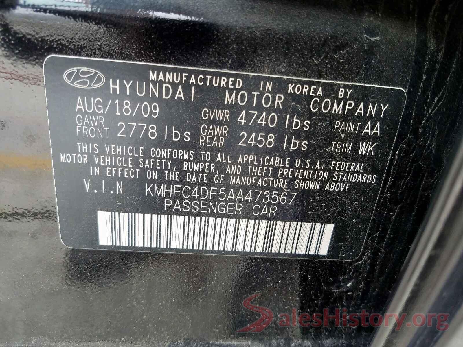 5NPE24AF1KH778968 2010 HYUNDAI AZERA