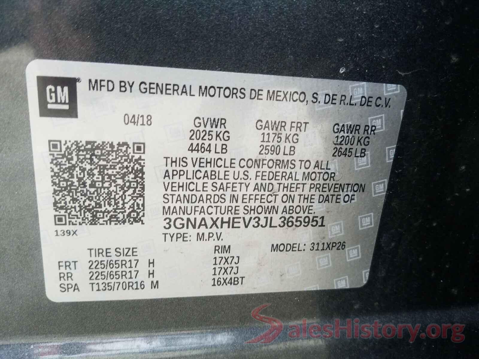 3GNAXHEV3JL365951 2018 CHEVROLET EQUINOX