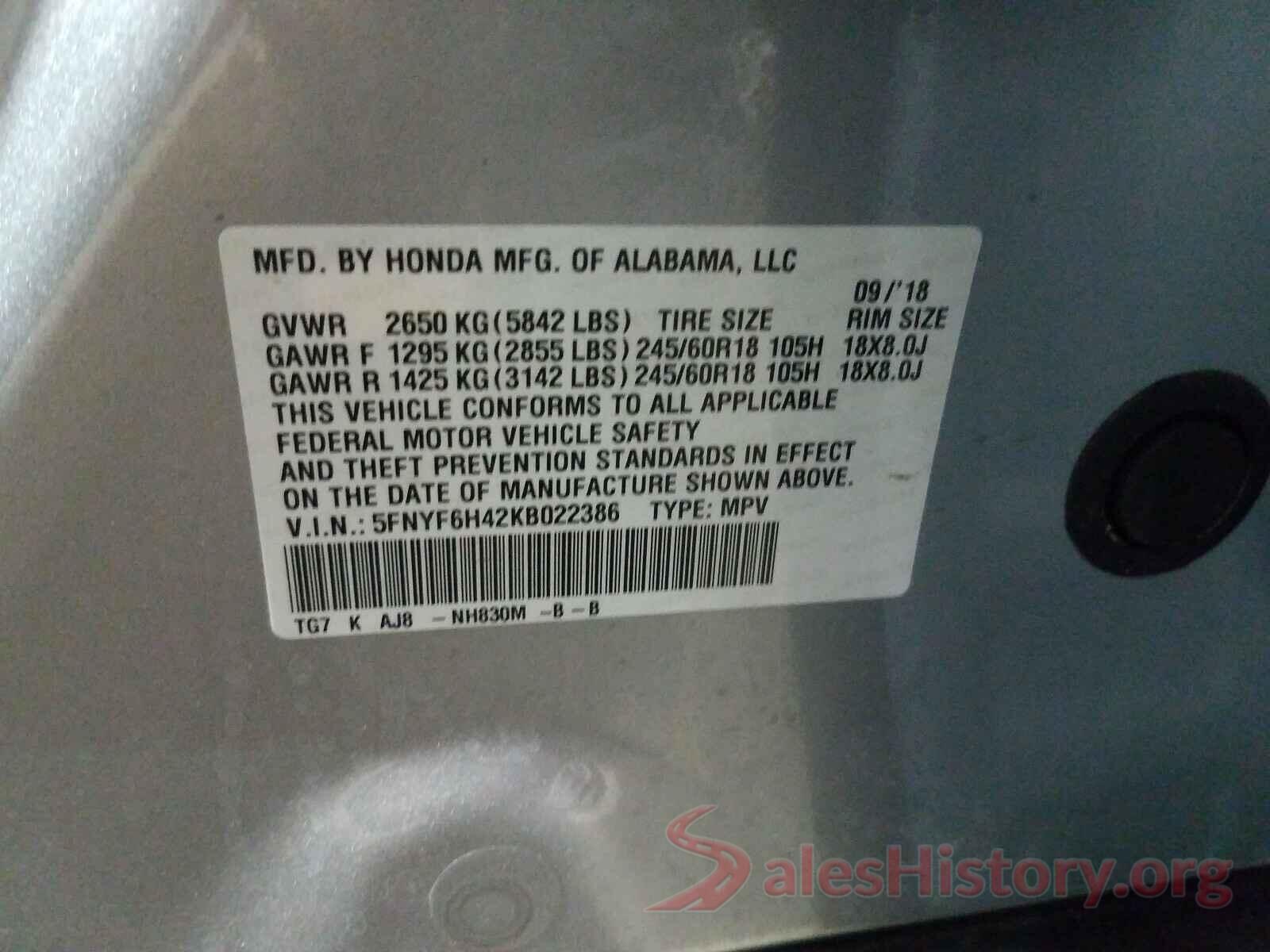 5FNYF6H42KB022386 2019 HONDA PILOT