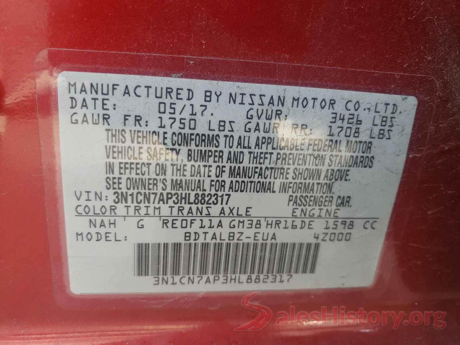 3N1CN7AP3HL882317 2017 NISSAN VERSA