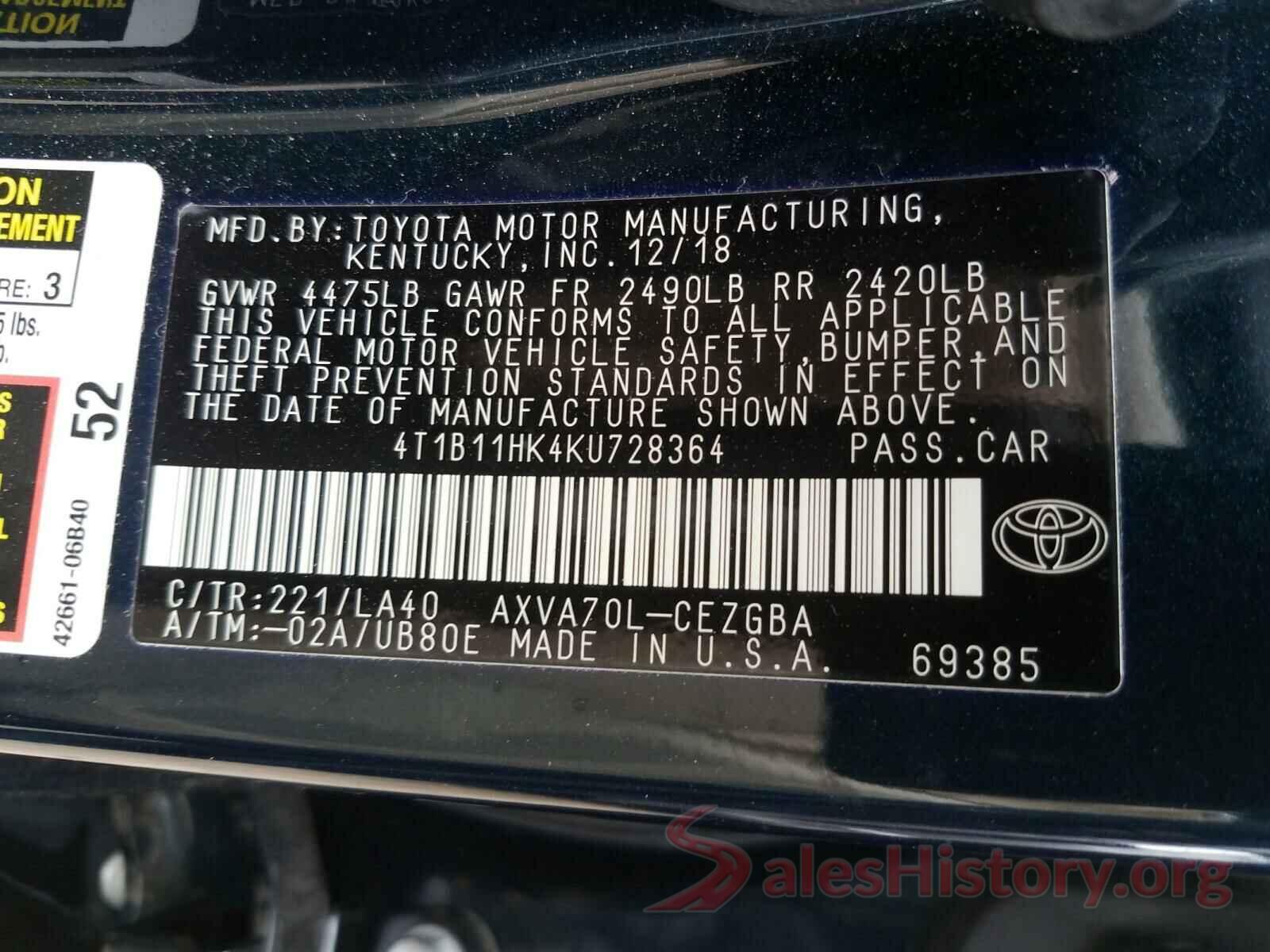 4T1B11HK4KU728364 2019 TOYOTA CAMRY