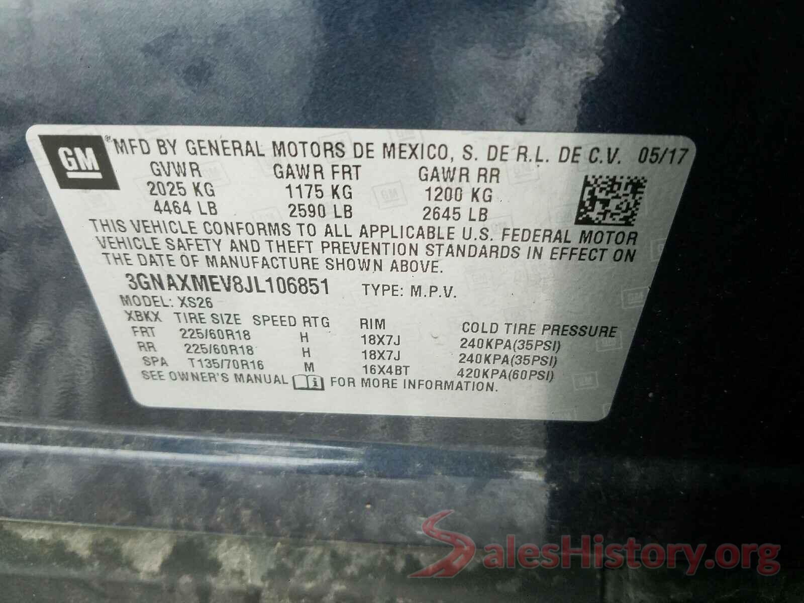 3GNAXMEV8JL106851 2018 CHEVROLET EQUINOX