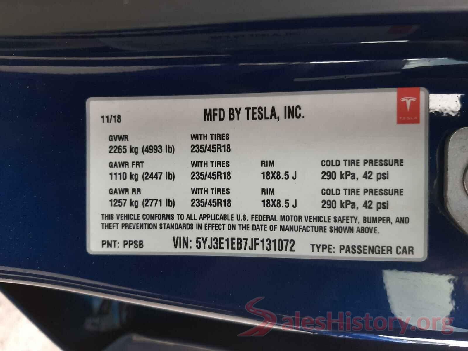 5YJ3E1EB7JF131072 2018 TESLA MODEL 3