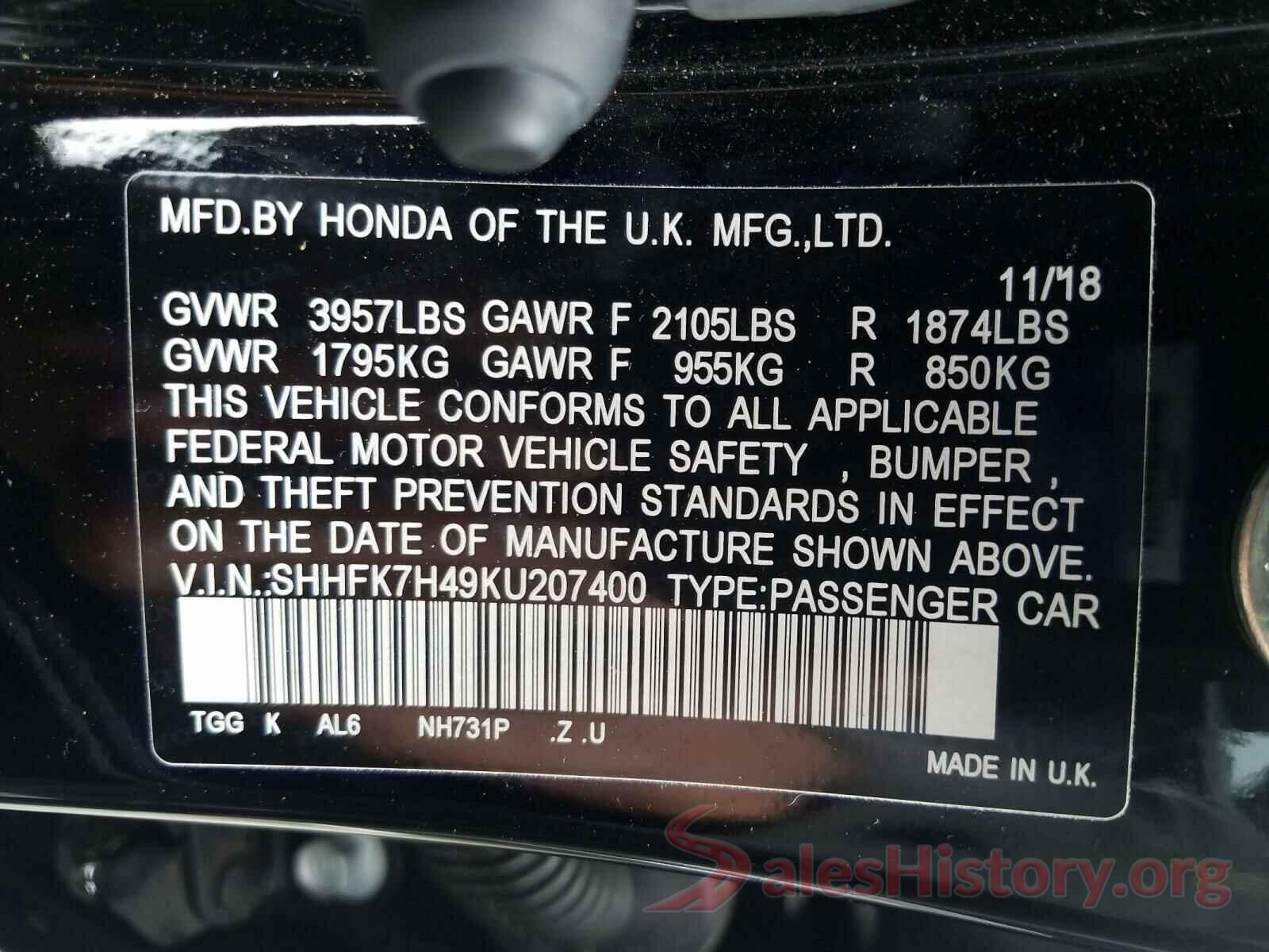 SHHFK7H49KU207400 2019 HONDA CIVIC