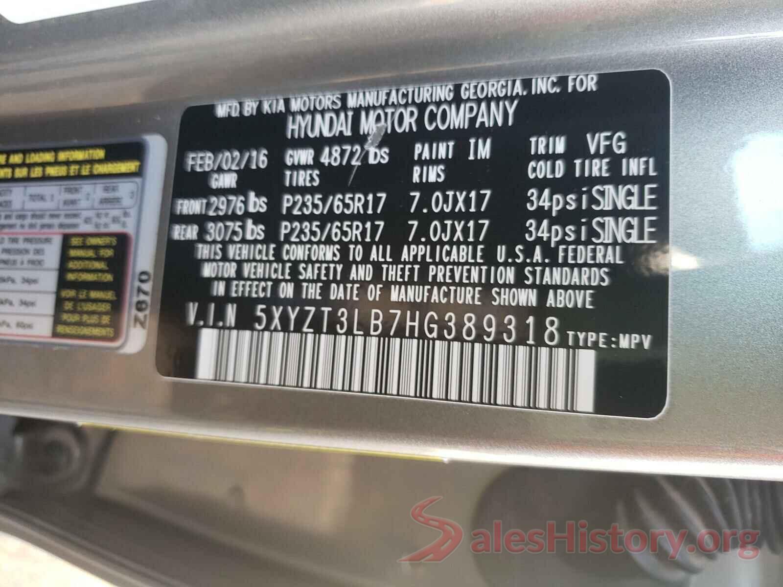 5XYZT3LB7HG389318 2017 HYUNDAI SANTA FE