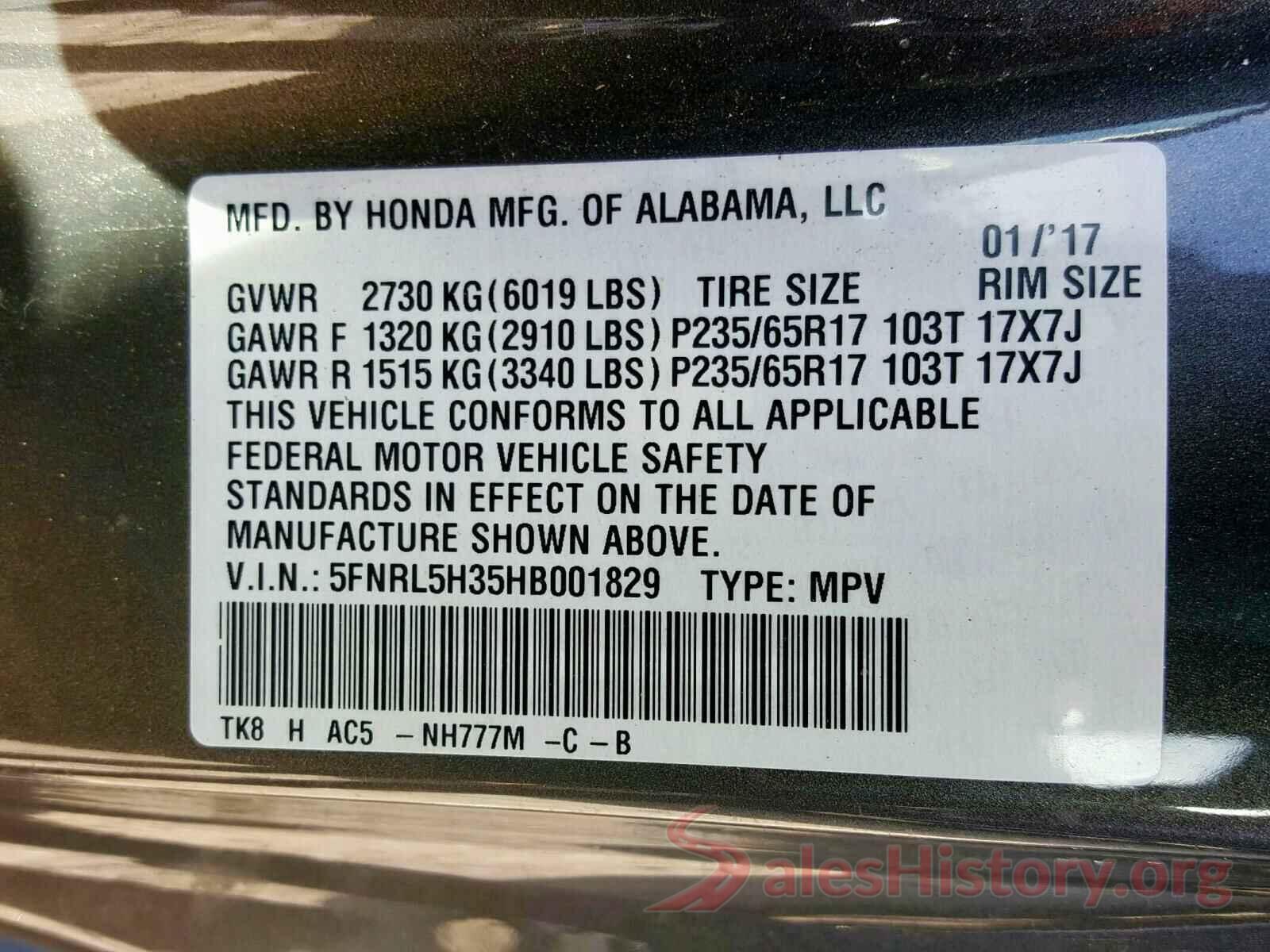 2T3WFREV0HW366890 2017 HONDA ODYSSEY