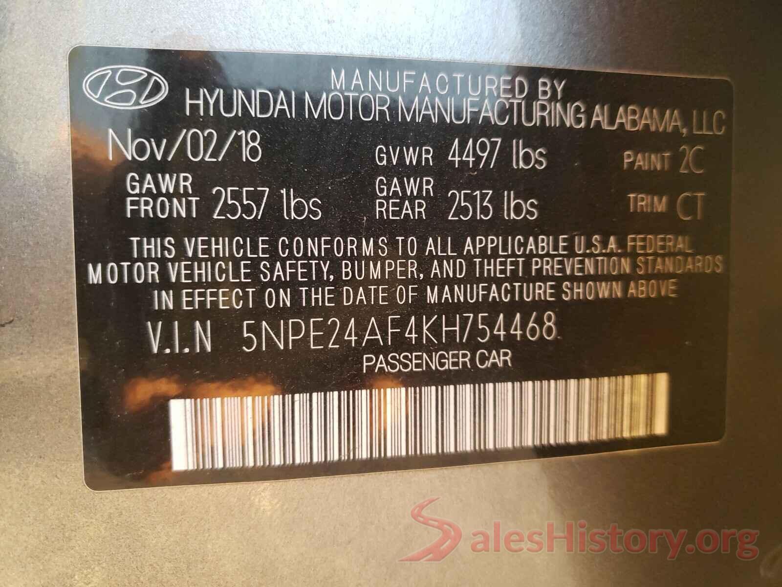 5NPE24AF4KH754468 2019 HYUNDAI SONATA