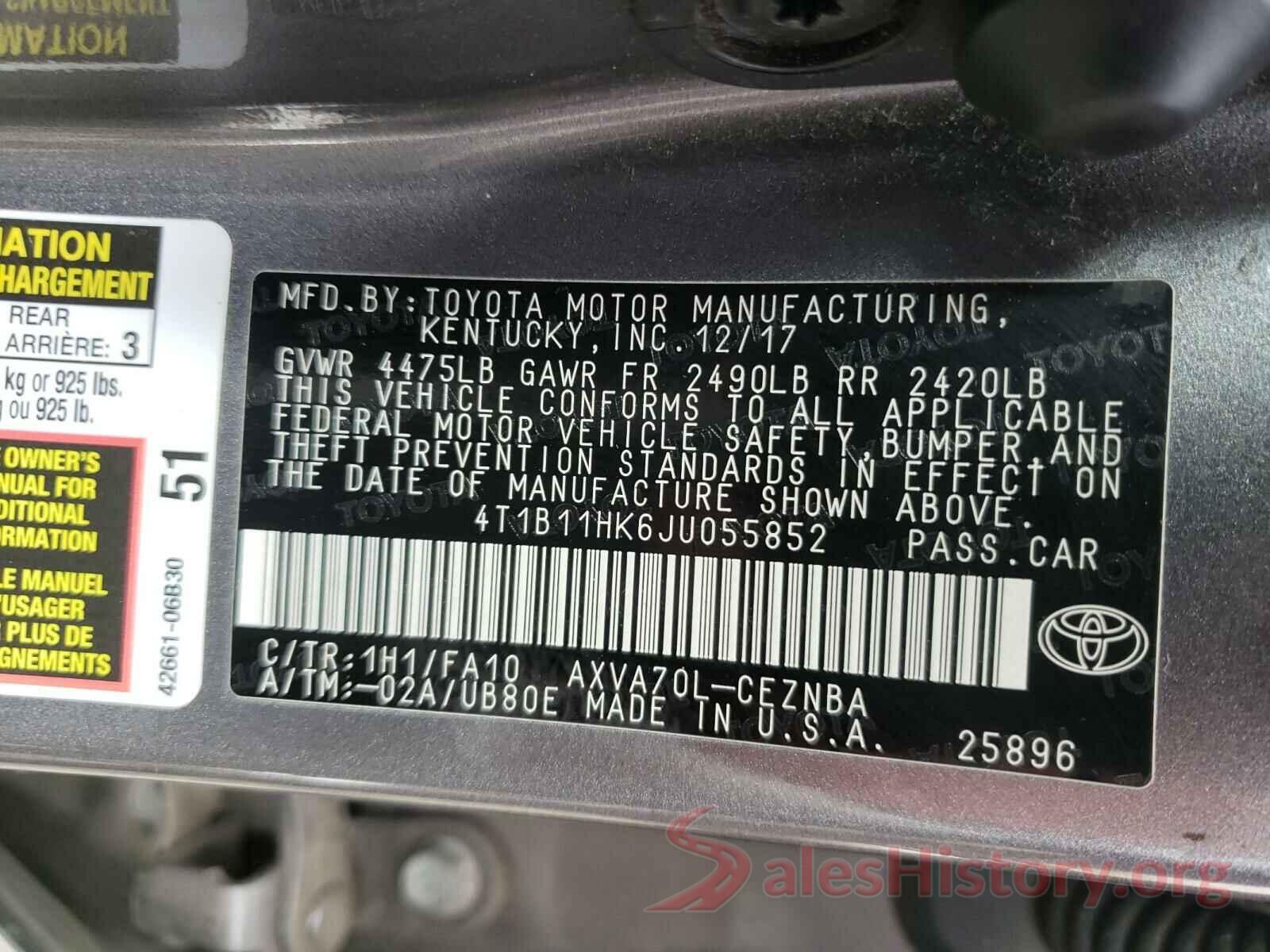 4T1B11HK6JU055852 2018 TOYOTA CAMRY