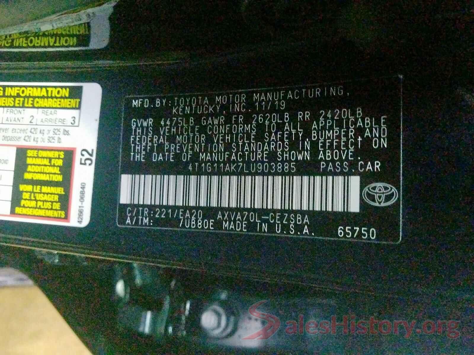 4T1G11AK7LU903885 2020 TOYOTA CAMRY