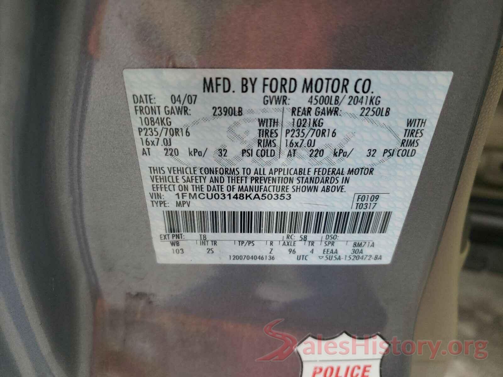 5FNRL6H50KB096881 2008 FORD ESCAPE