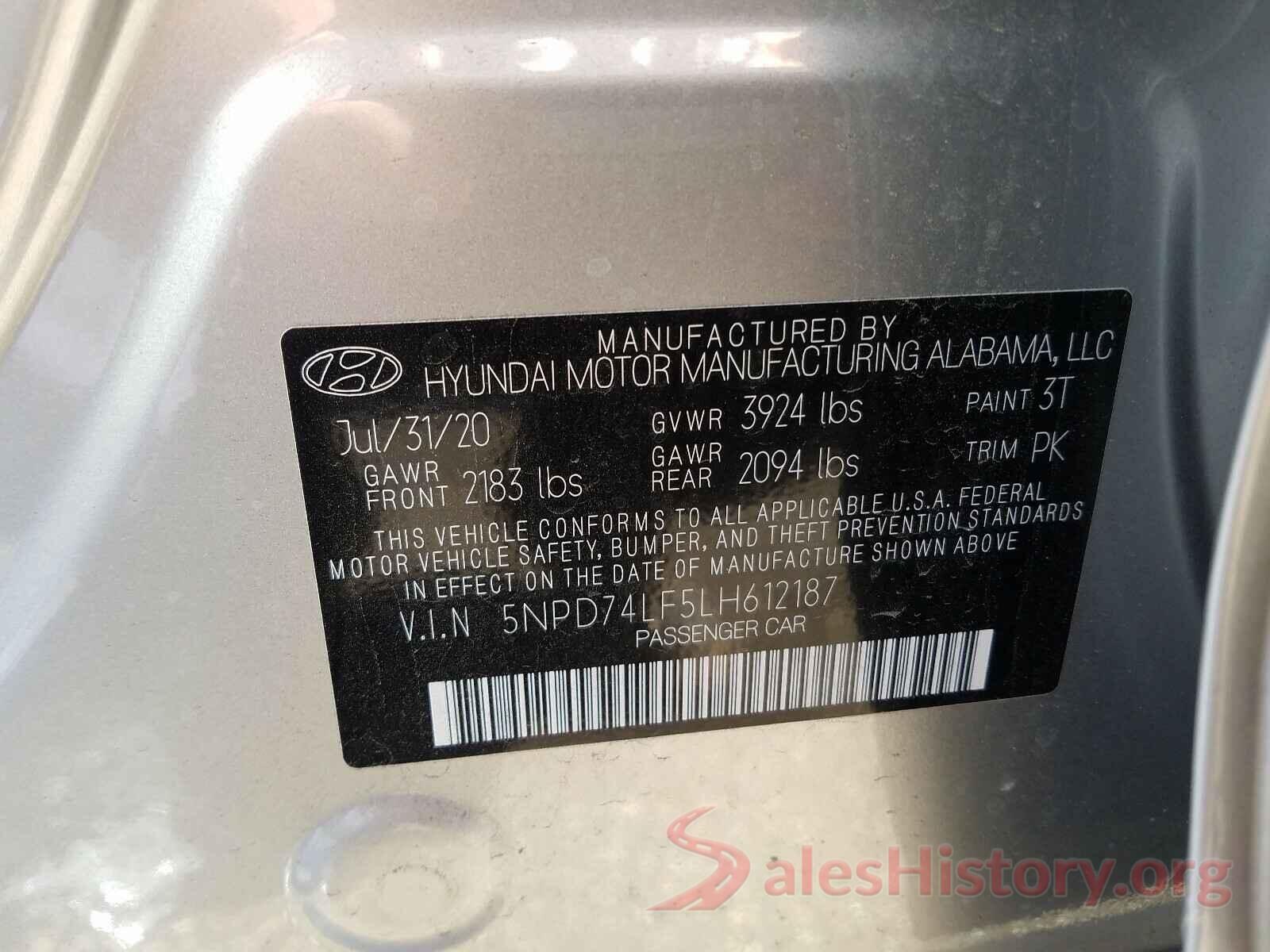 5NPD74LF5LH612187 2020 HYUNDAI ELANTRA