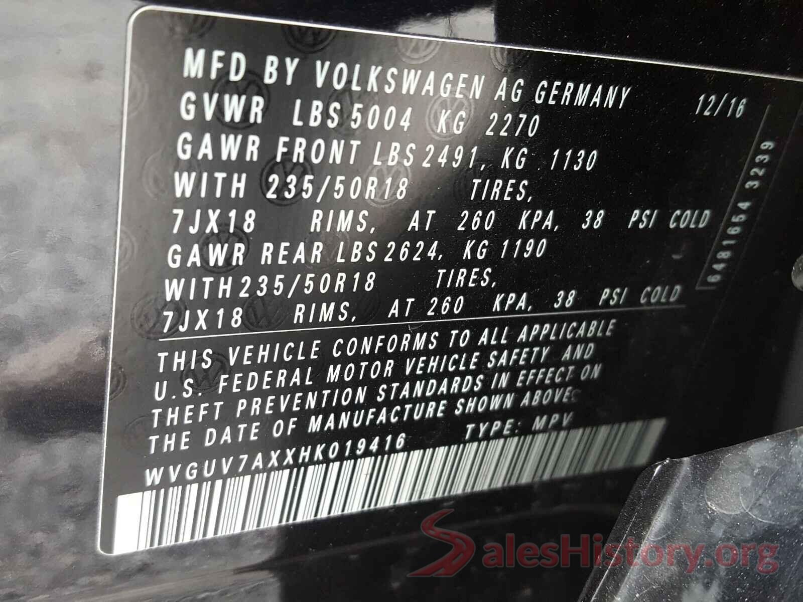 WVGUV7AXXHK019416 2017 VOLKSWAGEN TIGUAN