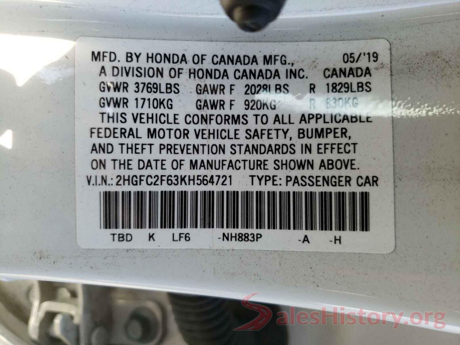 2HGFC2F63KH564721 2019 HONDA CIVIC