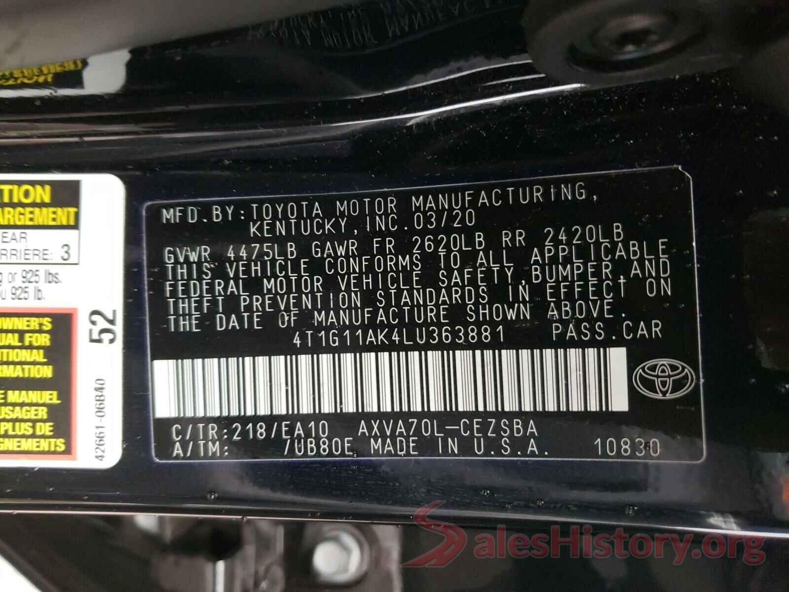 4T1G11AK4LU363881 2020 TOYOTA CAMRY