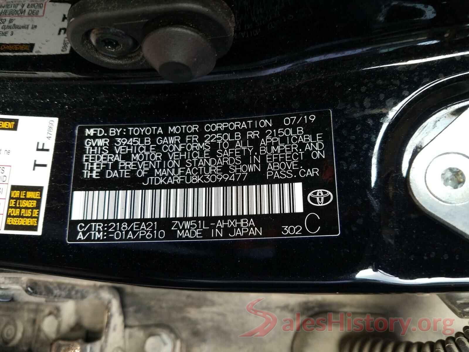 JTDKARFU8K3099477 2019 TOYOTA PRIUS