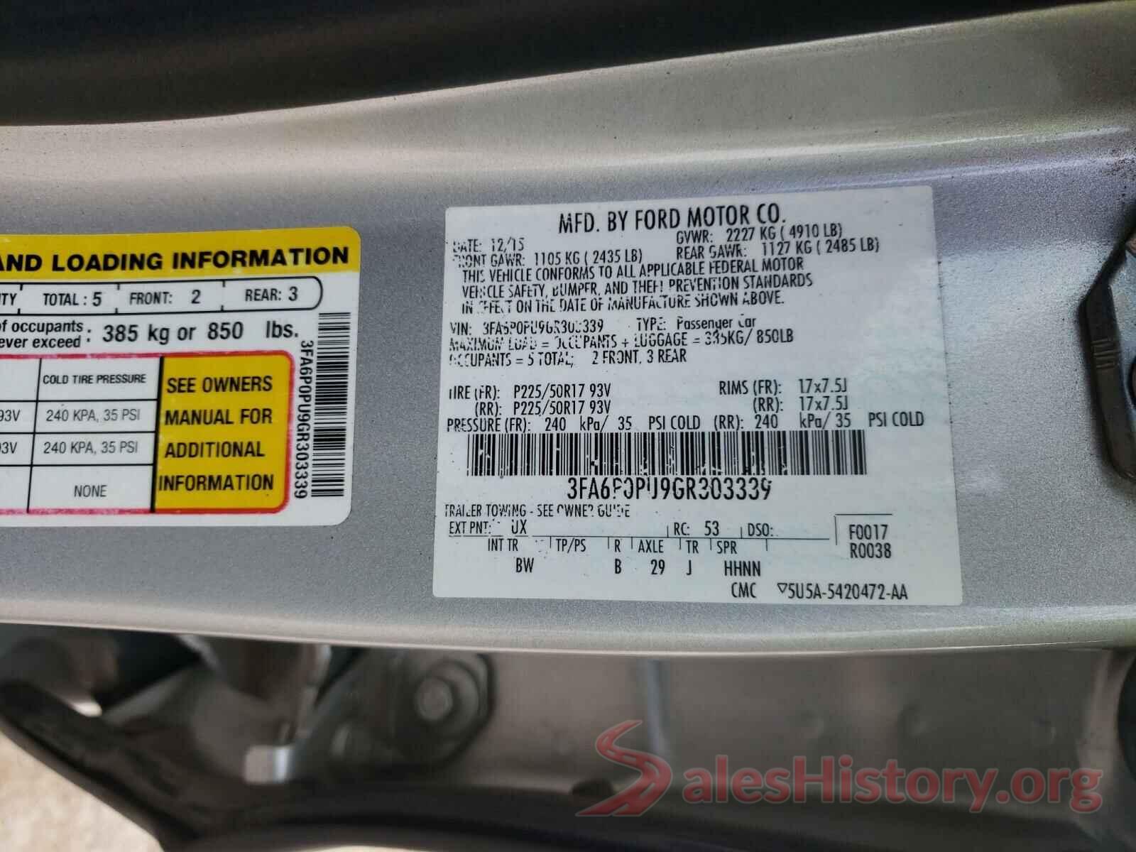 3FA6P0PU9GR303339 2016 FORD FUSION