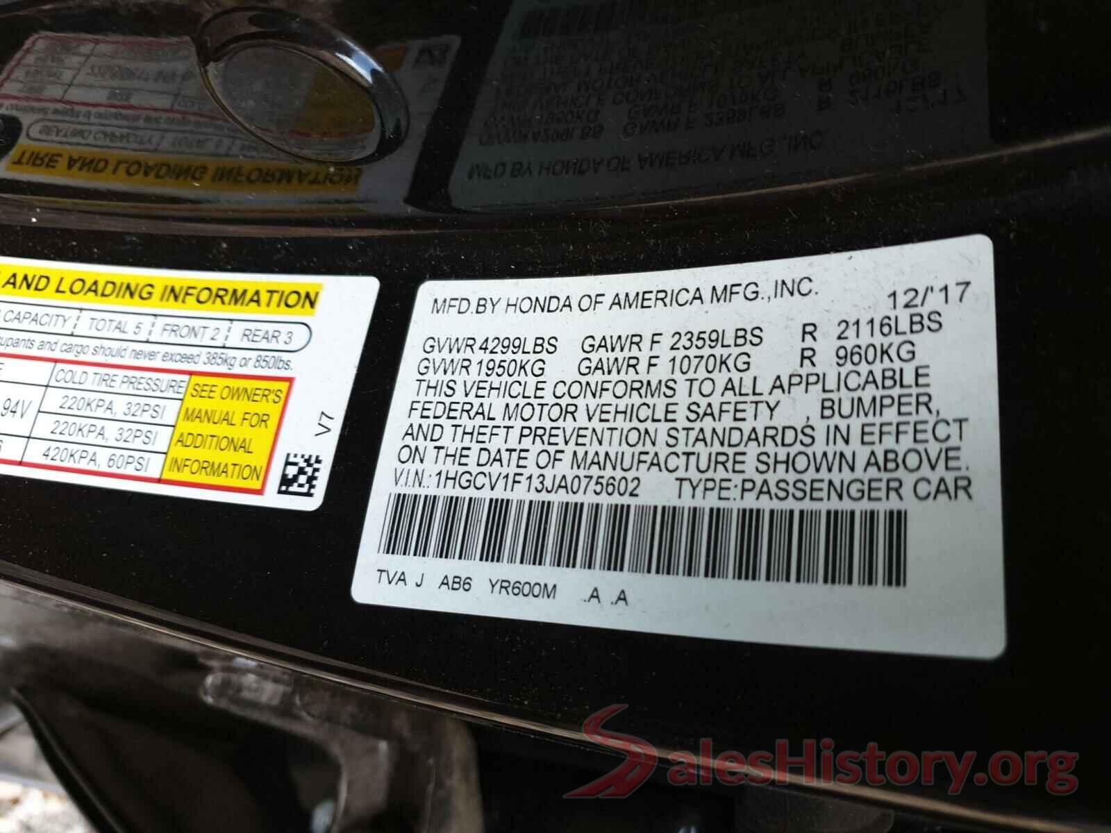 1HGCV1F13JA075602 2018 HONDA ACCORD