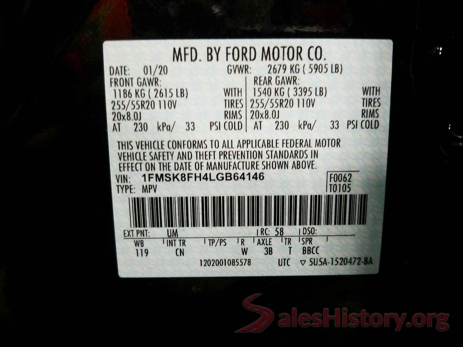 1FMSK8FH4LGB64146 2020 FORD EXPLORER