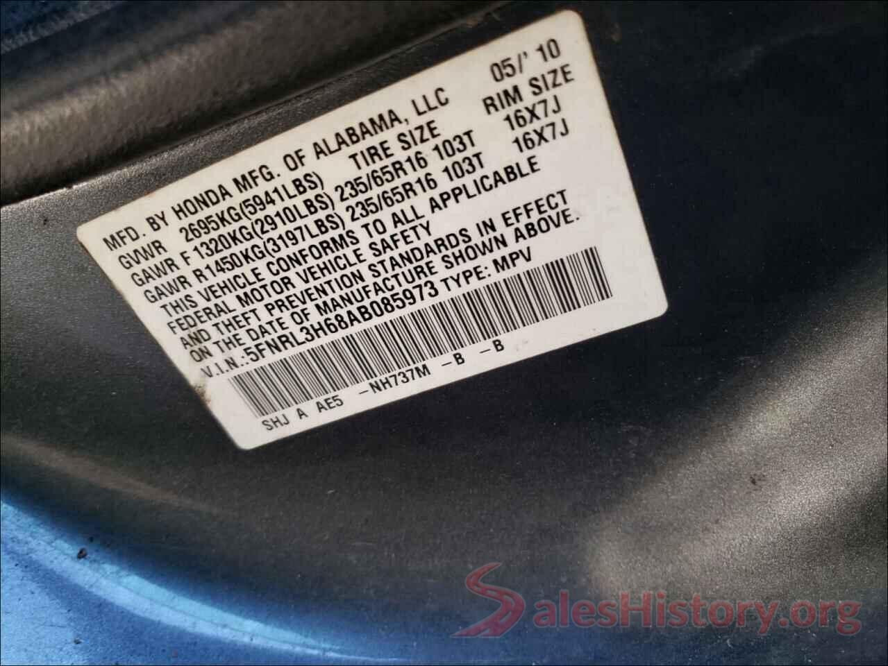 5TFRX5GN1KX159878 2010 HONDA ODYSSEY