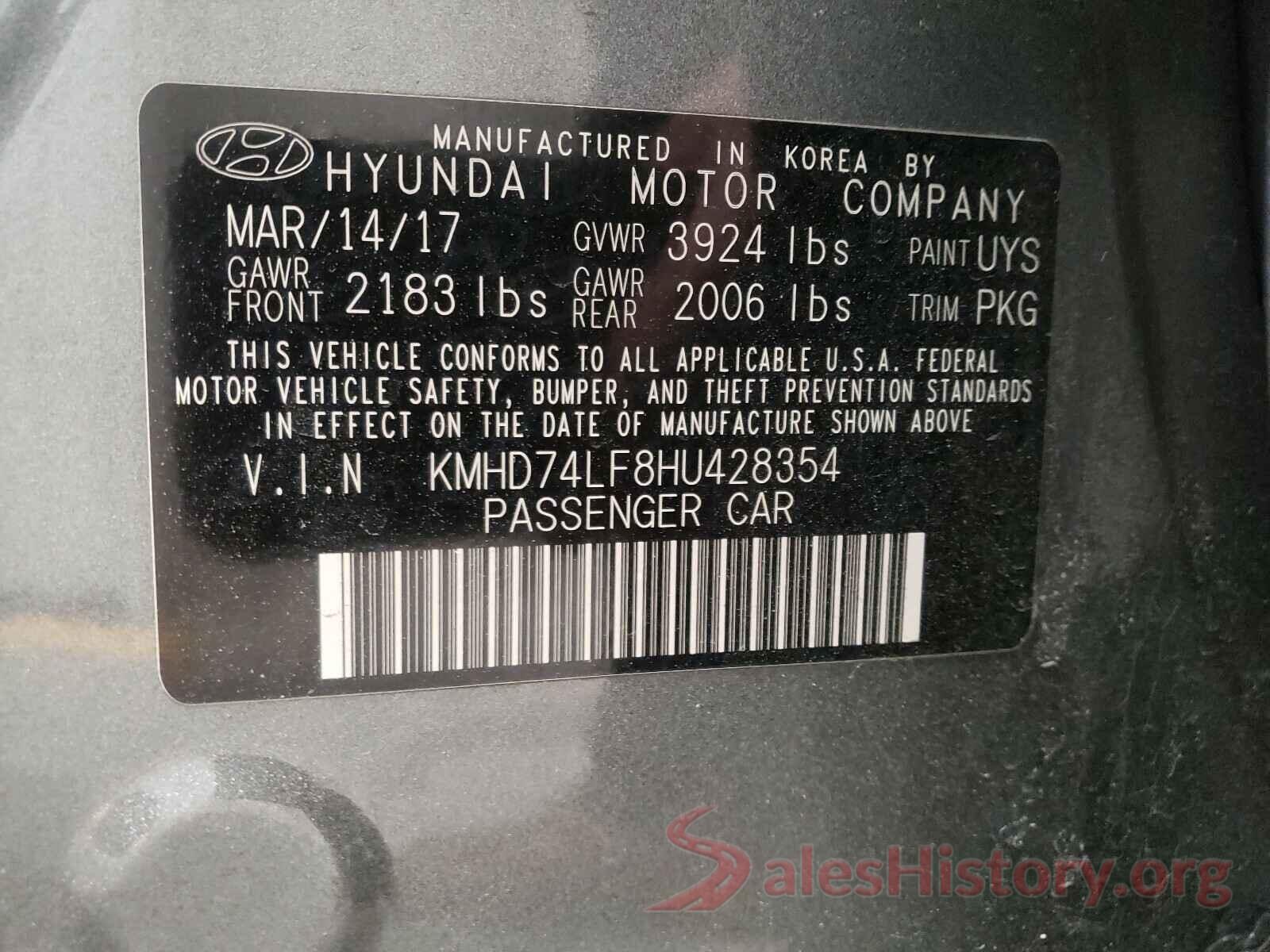 KMHD74LF8HU428354 2017 HYUNDAI ELANTRA