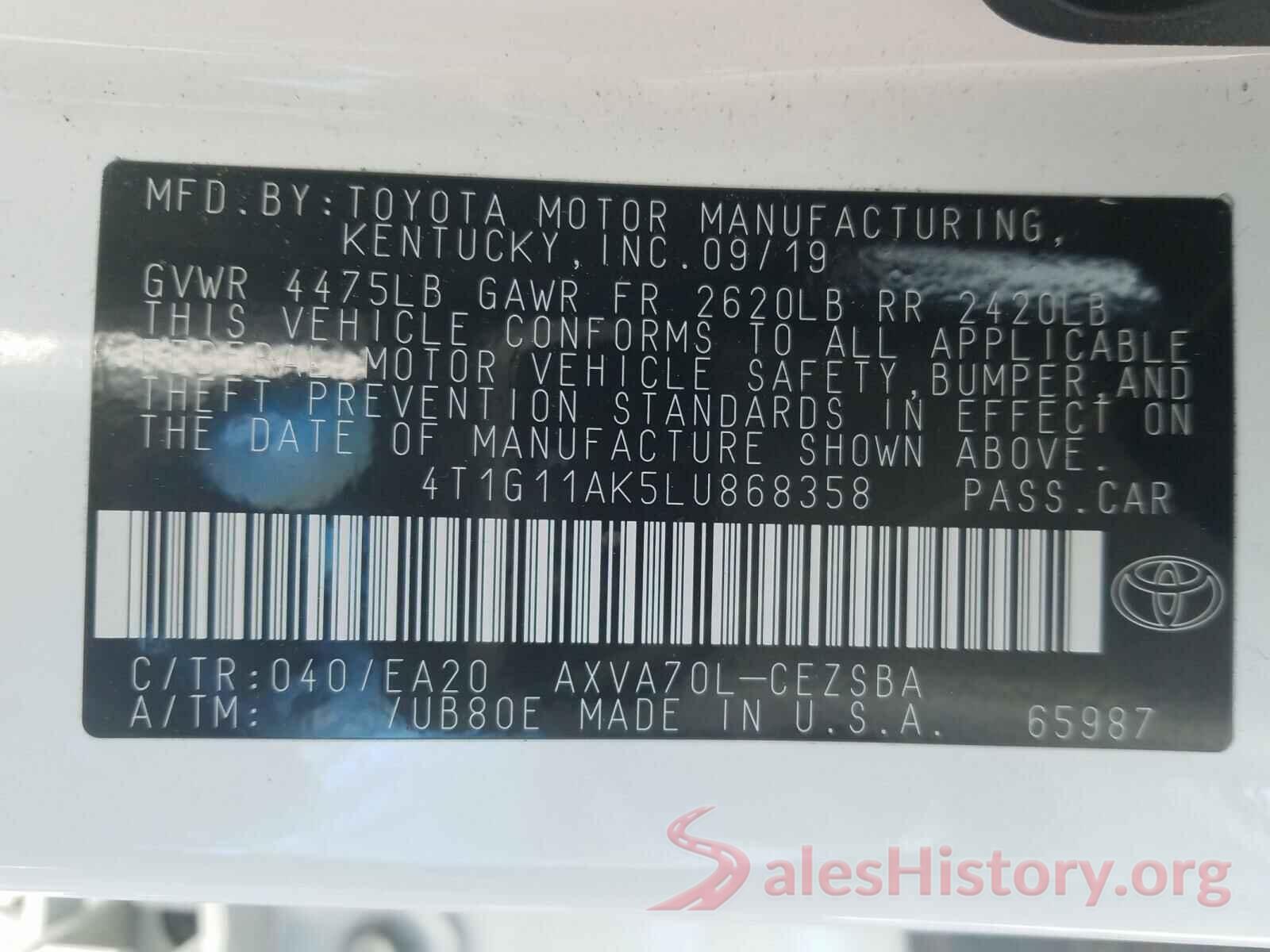 4T1G11AK5LU868358 2020 TOYOTA CAMRY