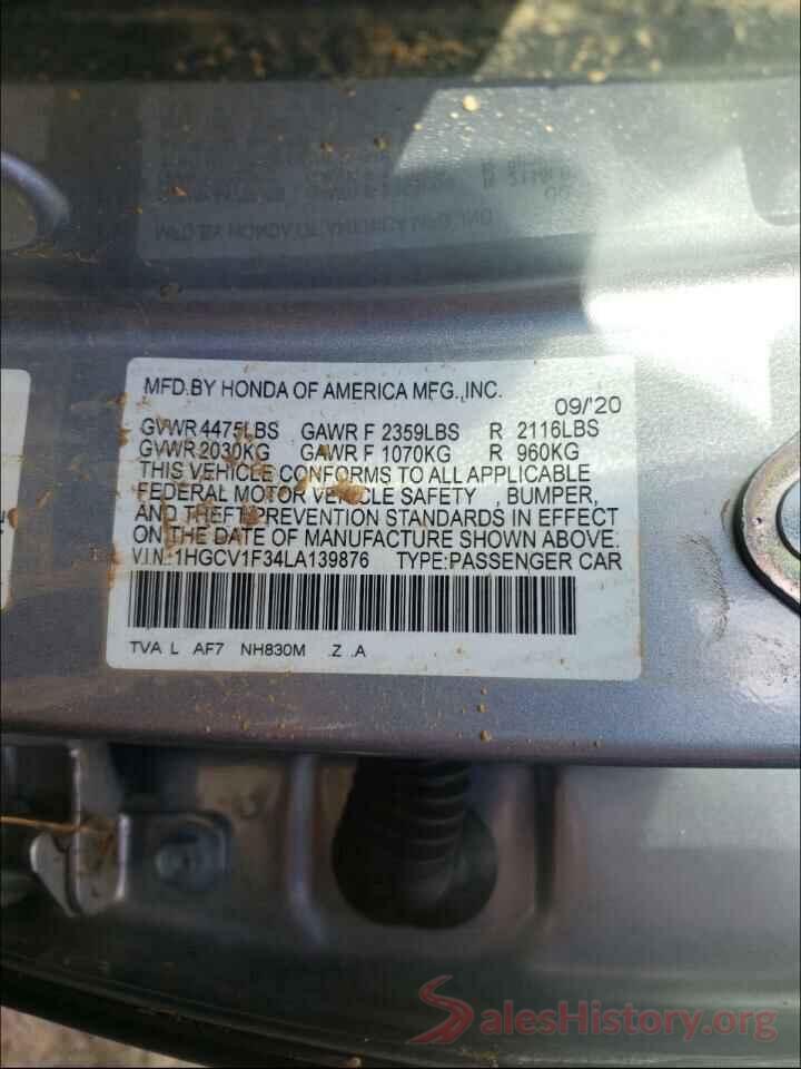 1HGCV1F34LA139876 2020 HONDA ACCORD