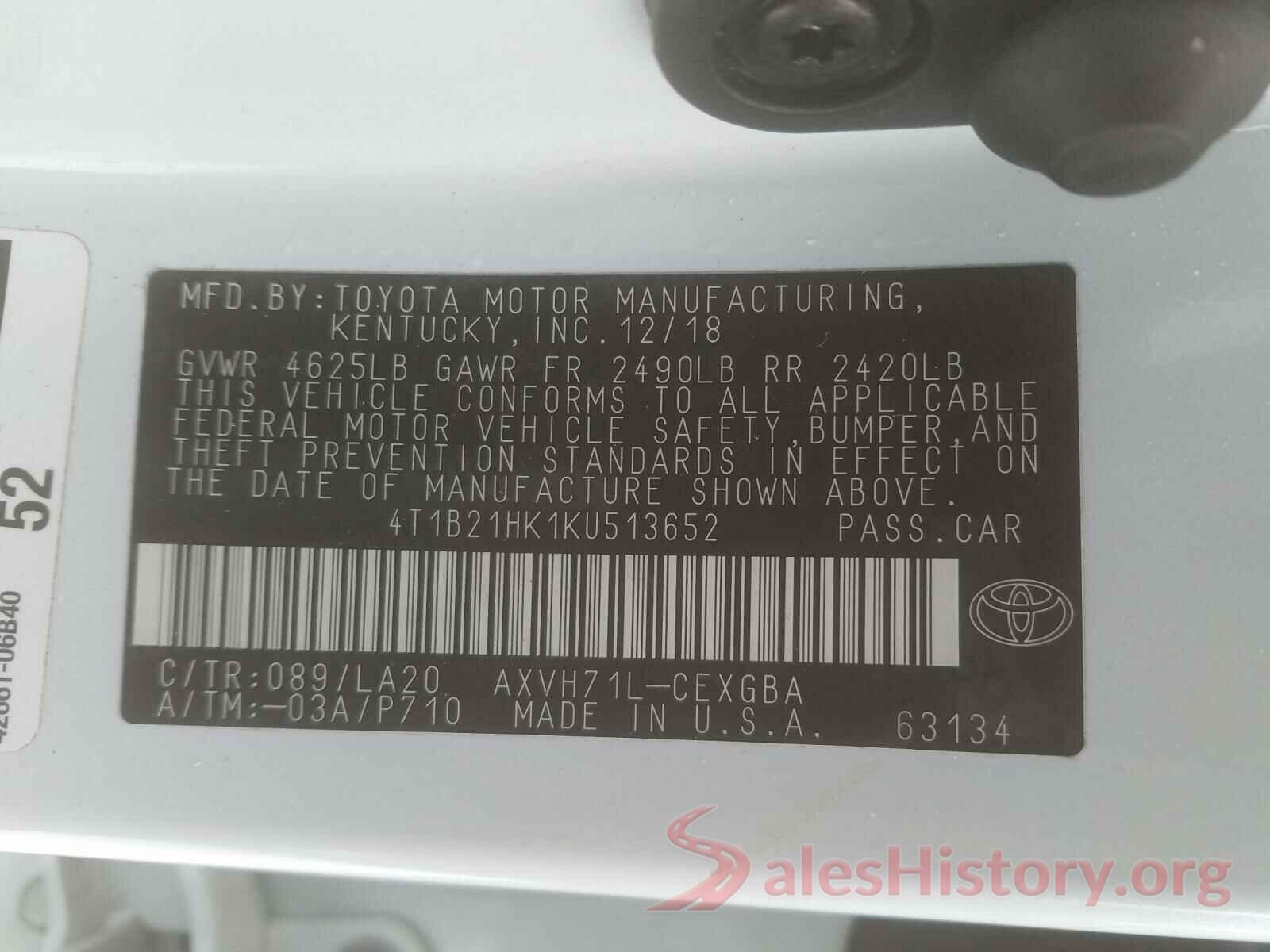 4T1B21HK1KU513652 2019 TOYOTA CAMRY