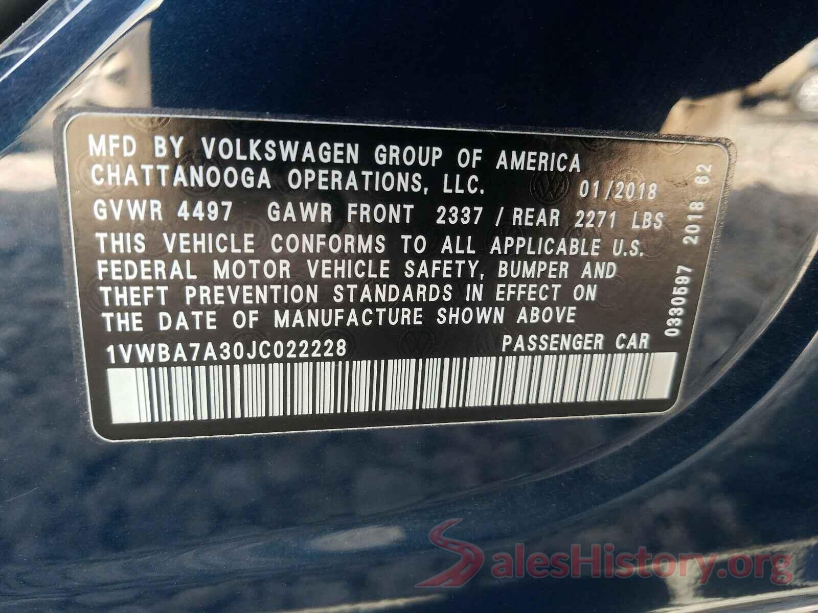 1VWBA7A30JC022228 2018 VOLKSWAGEN PASSAT