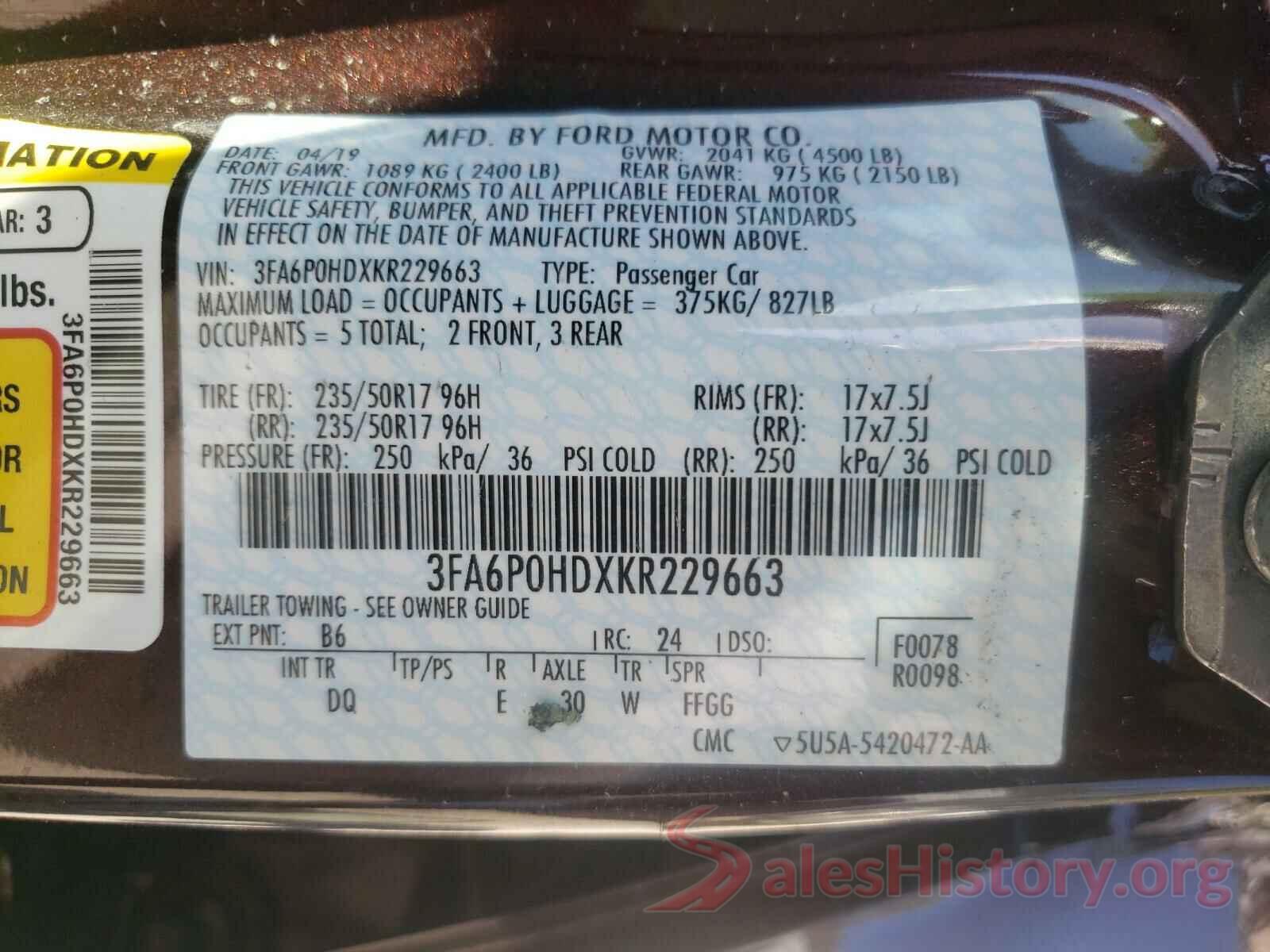 3FA6P0HDXKR229663 2019 FORD FUSION