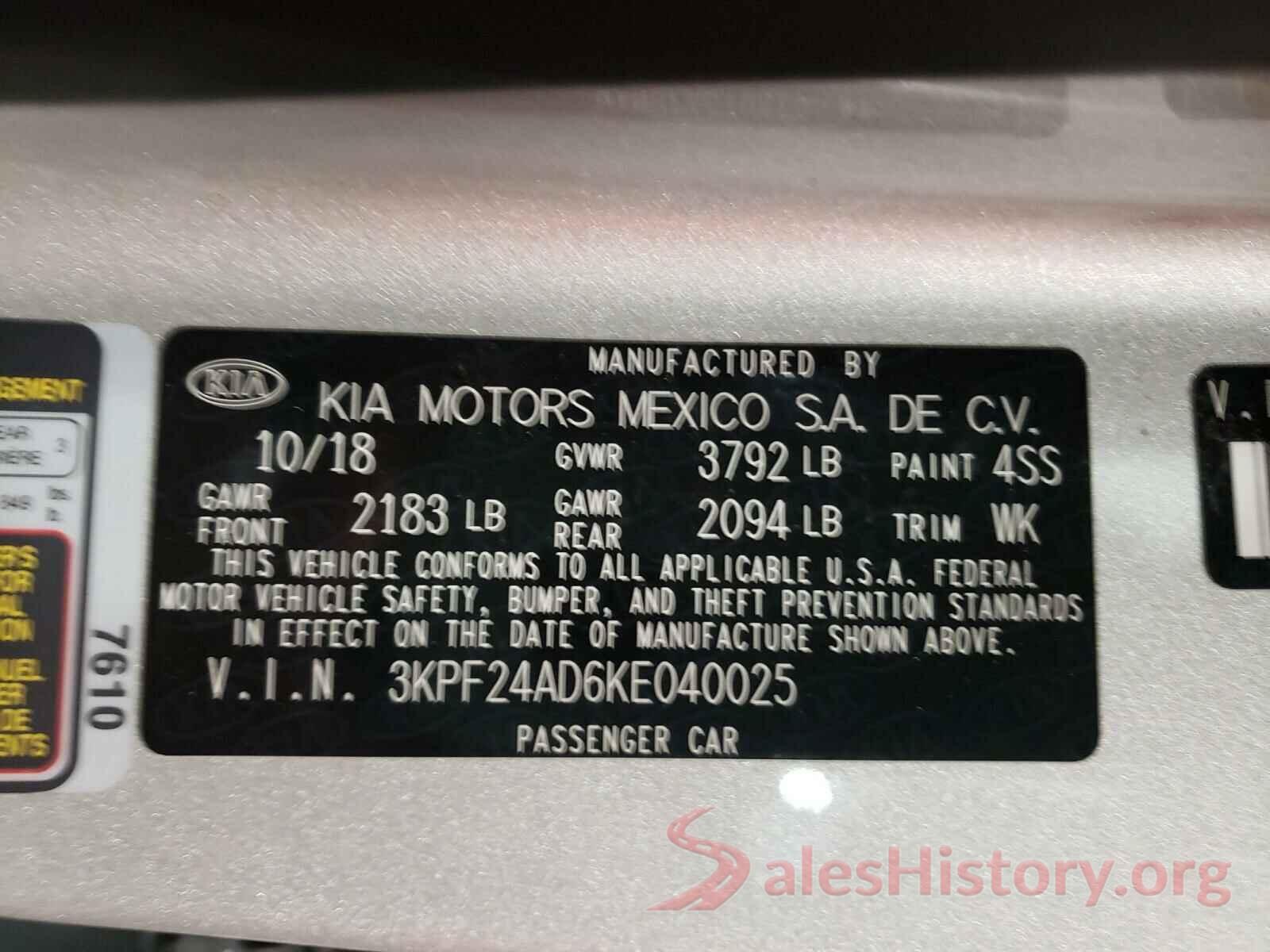 3KPF24AD6KE040025 2019 KIA FORTE