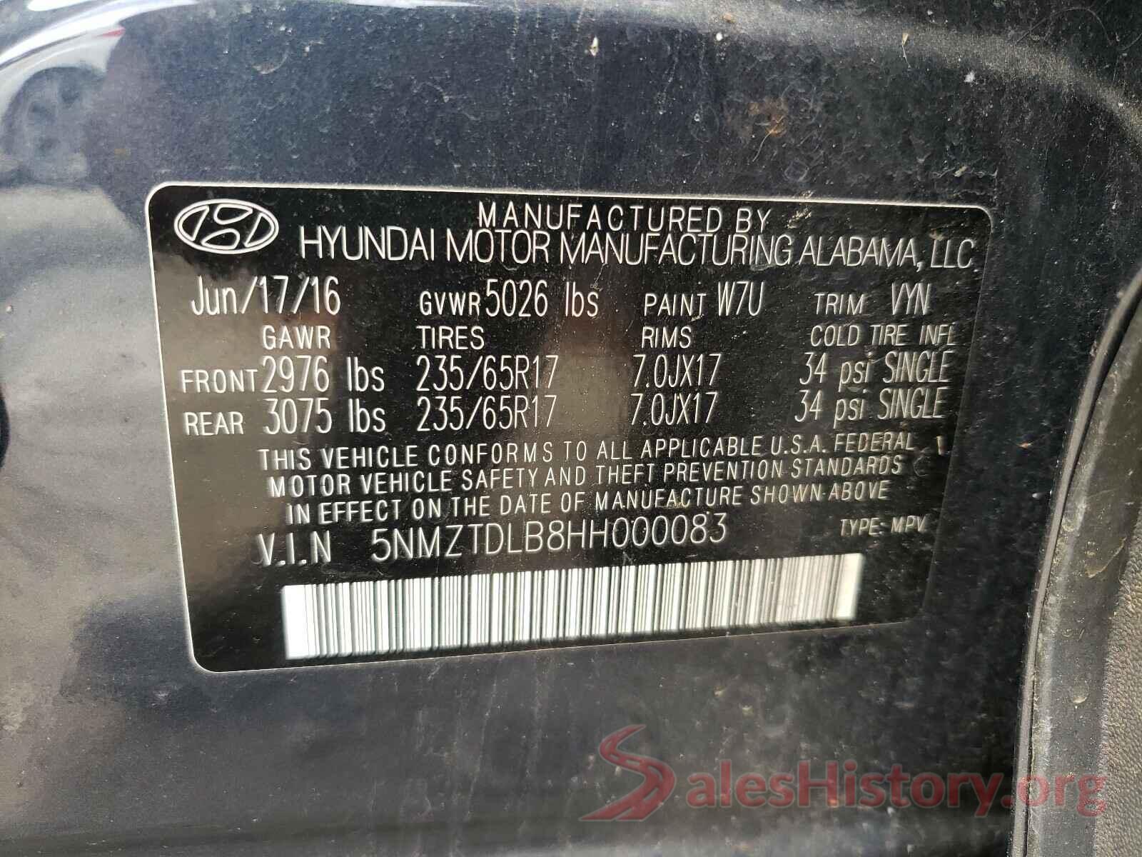 5NMZTDLB8HH000083 2017 HYUNDAI SANTA FE