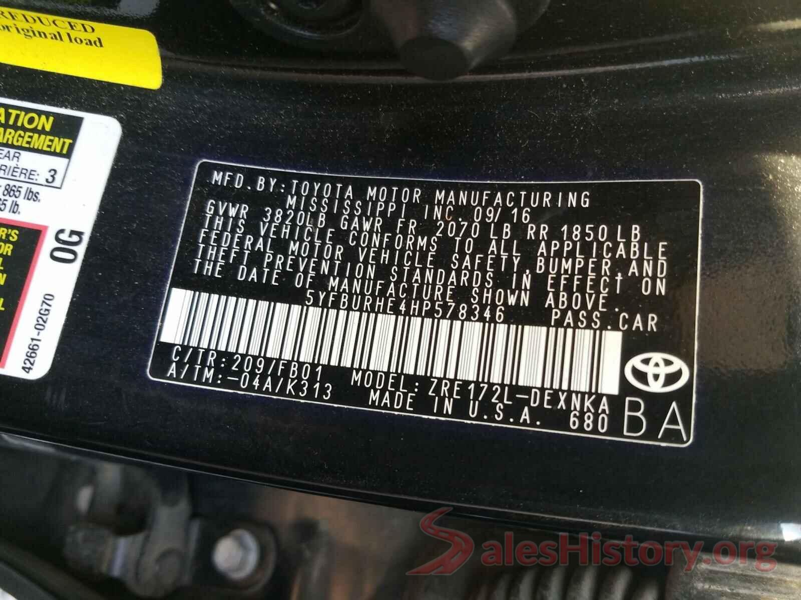 5YFBURHE4HP578346 2017 TOYOTA COROLLA