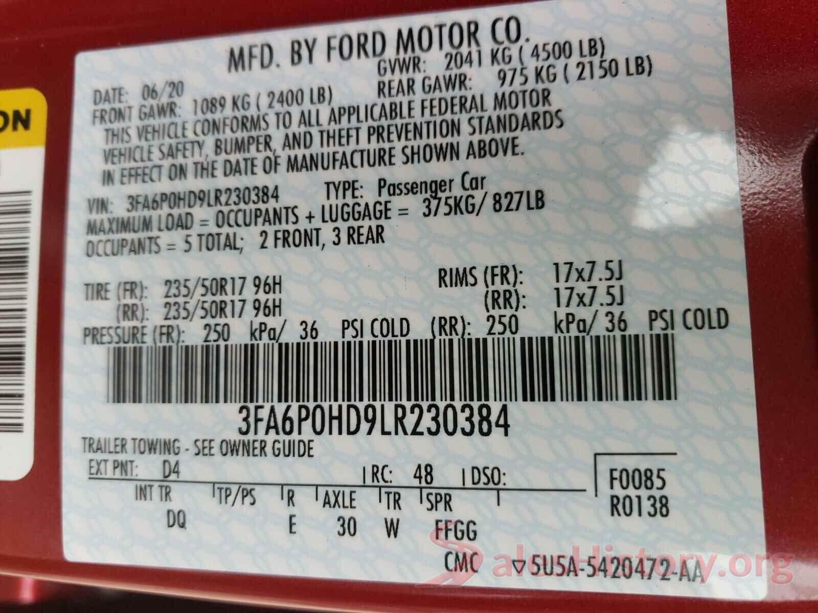 3FA6P0HD9LR230384 2020 FORD FUSION