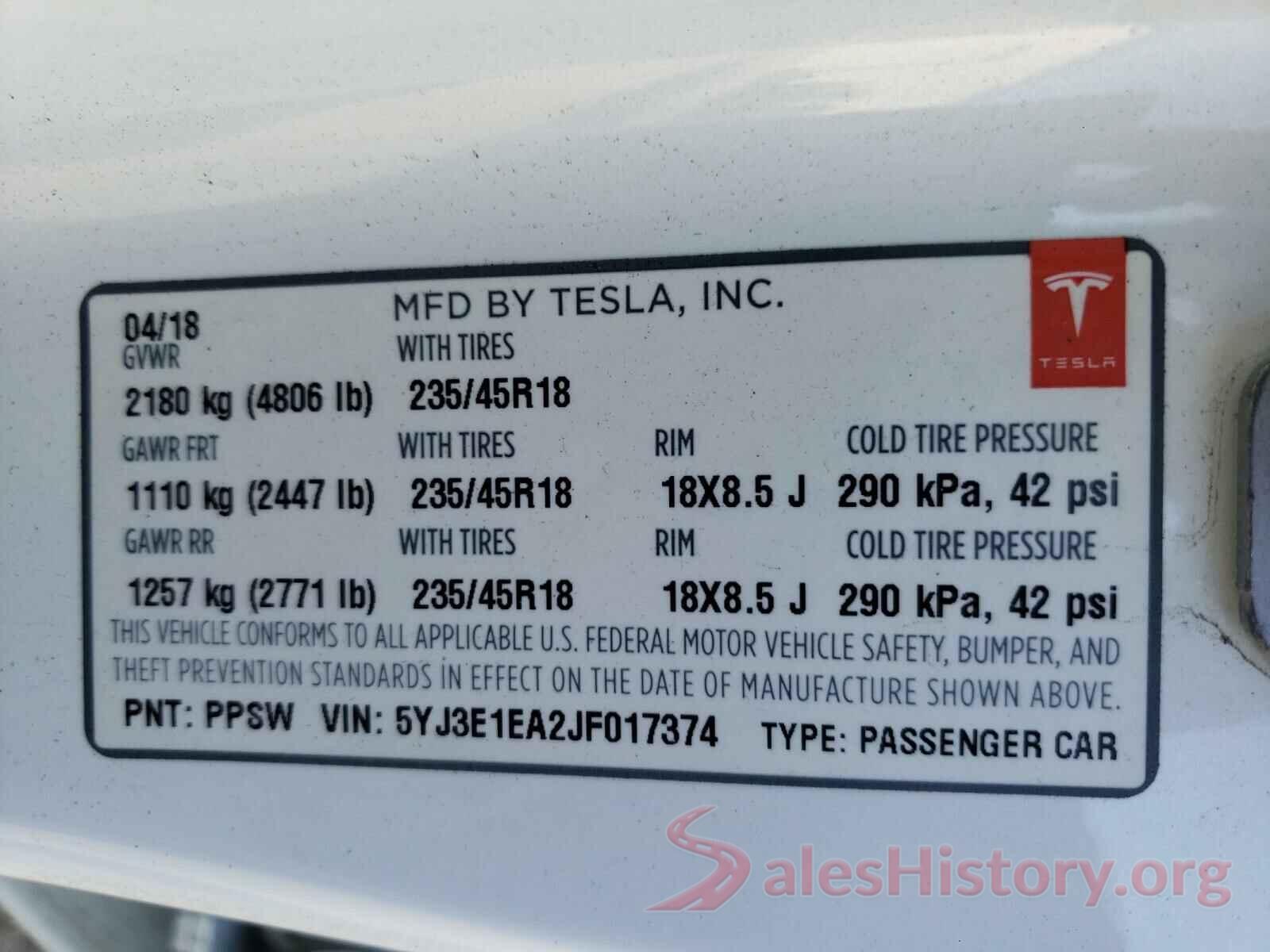 5YJ3E1EA2JF017374 2018 TESLA MODEL 3