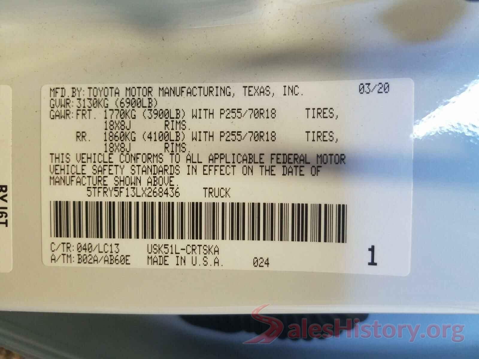 5TFRY5F13LX268436 2020 TOYOTA TUNDRA