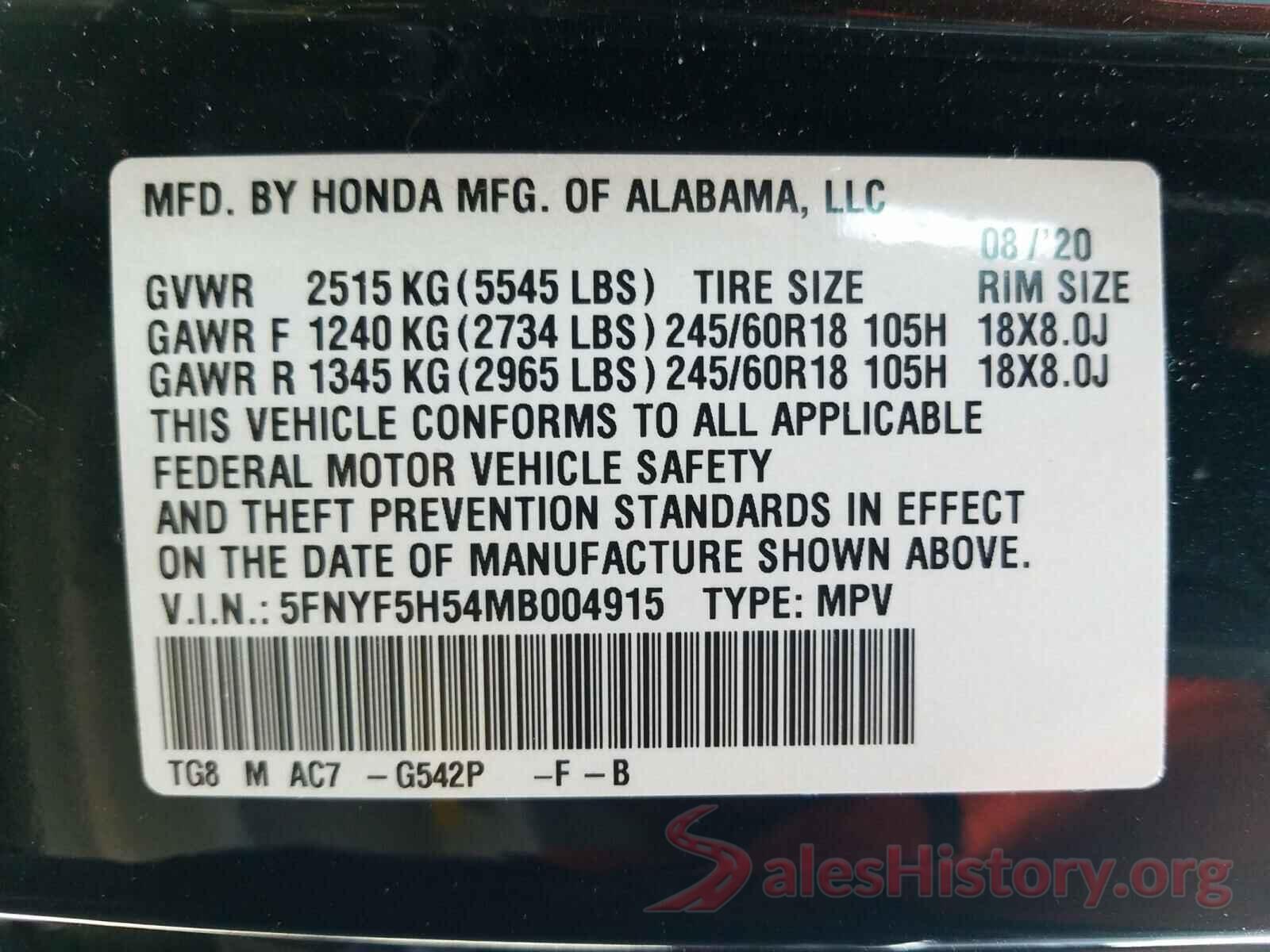 5FNYF5H54MB004915 2021 HONDA PILOT