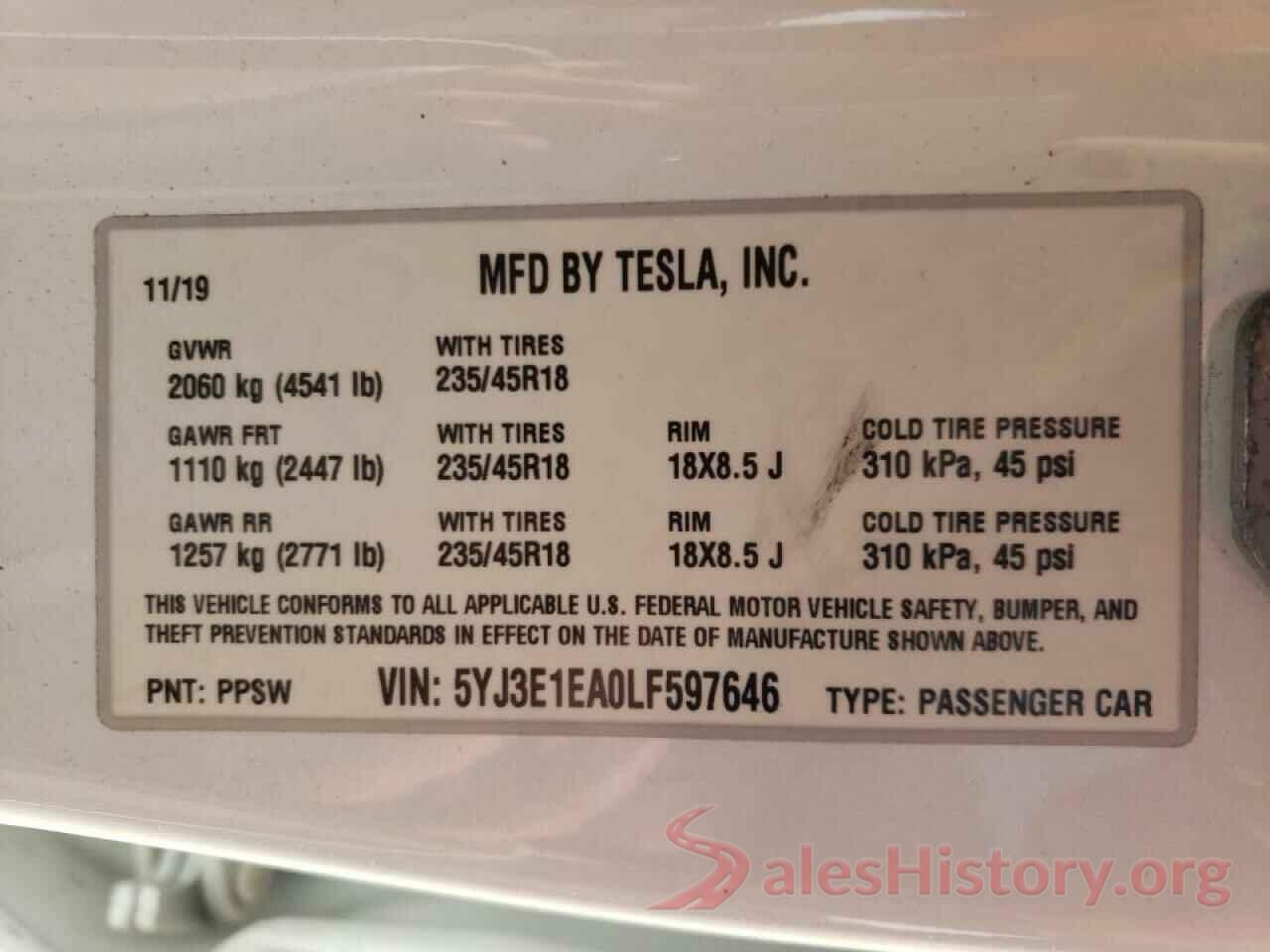 5YJ3E1EA0LF597646 2020 TESLA MODEL 3