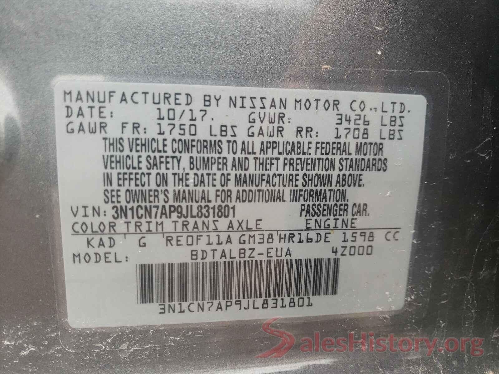 3N1CN7AP9JL831801 2018 NISSAN VERSA